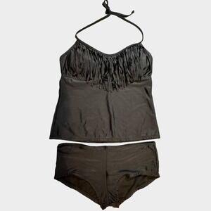 Catalina Tankini Swimsuit Womens M (8-10) Black Fringe Halterkini 2 Piece NEW